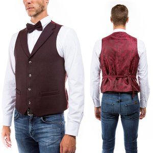 Luxury Notch Lapel Tweed Vest w/ Adjustable Strap Includes Bowtie, Burgundy